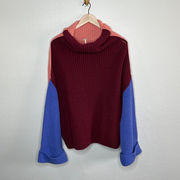 Free People Park City Waffle Knit Colorblock Oversized Sweater M - Picture 2 of 13